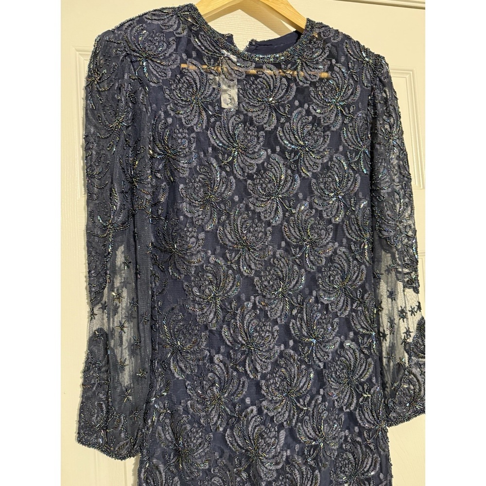 Lillie Rubin Cocktail Dress Women XS Navy Blue Beaded Lace Floral Ruffle Vintage